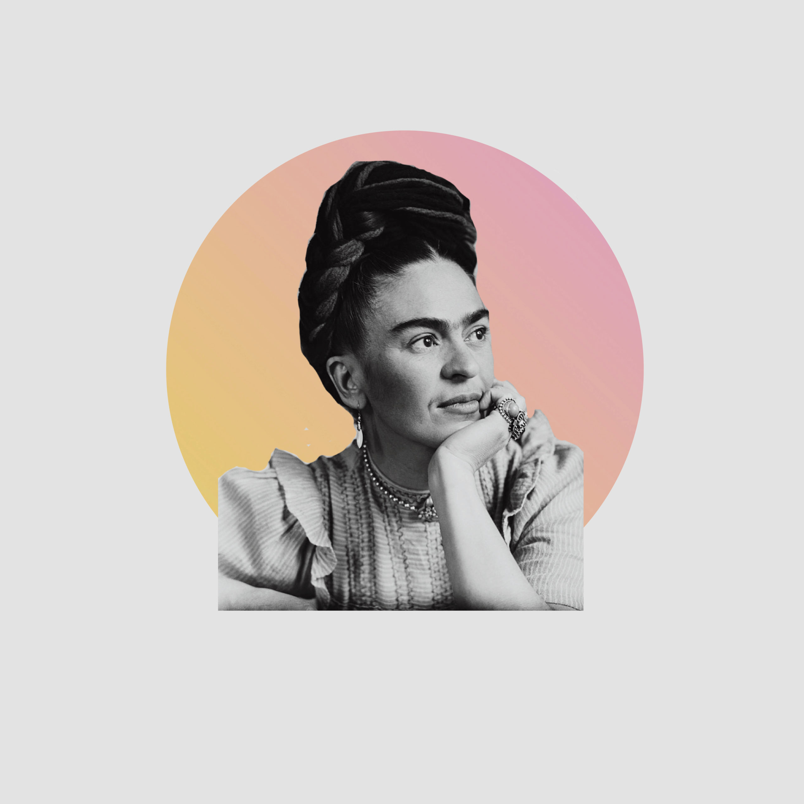 Picture of Frida Kahlo on a gray background.
