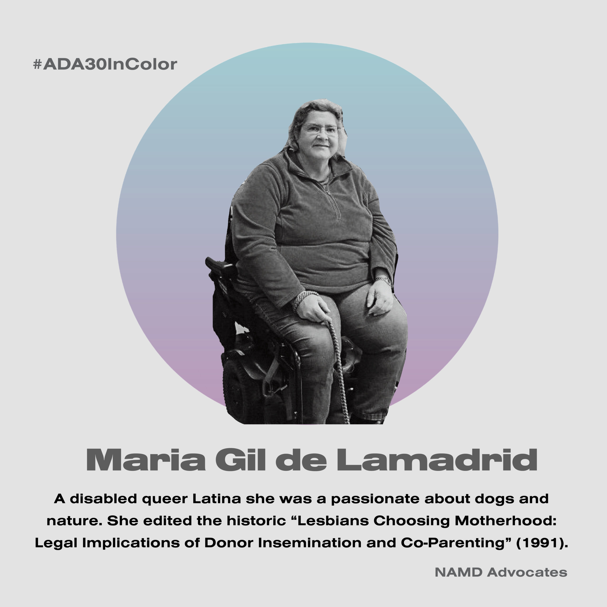 Maria Gil de Lamadrid. A disabled queer Latina she was passionate about dogs and nature. She edited the historic "Lesbians Choosing Motherhood: Legal Implications of Donor Insemination and CoParenting" (1991).