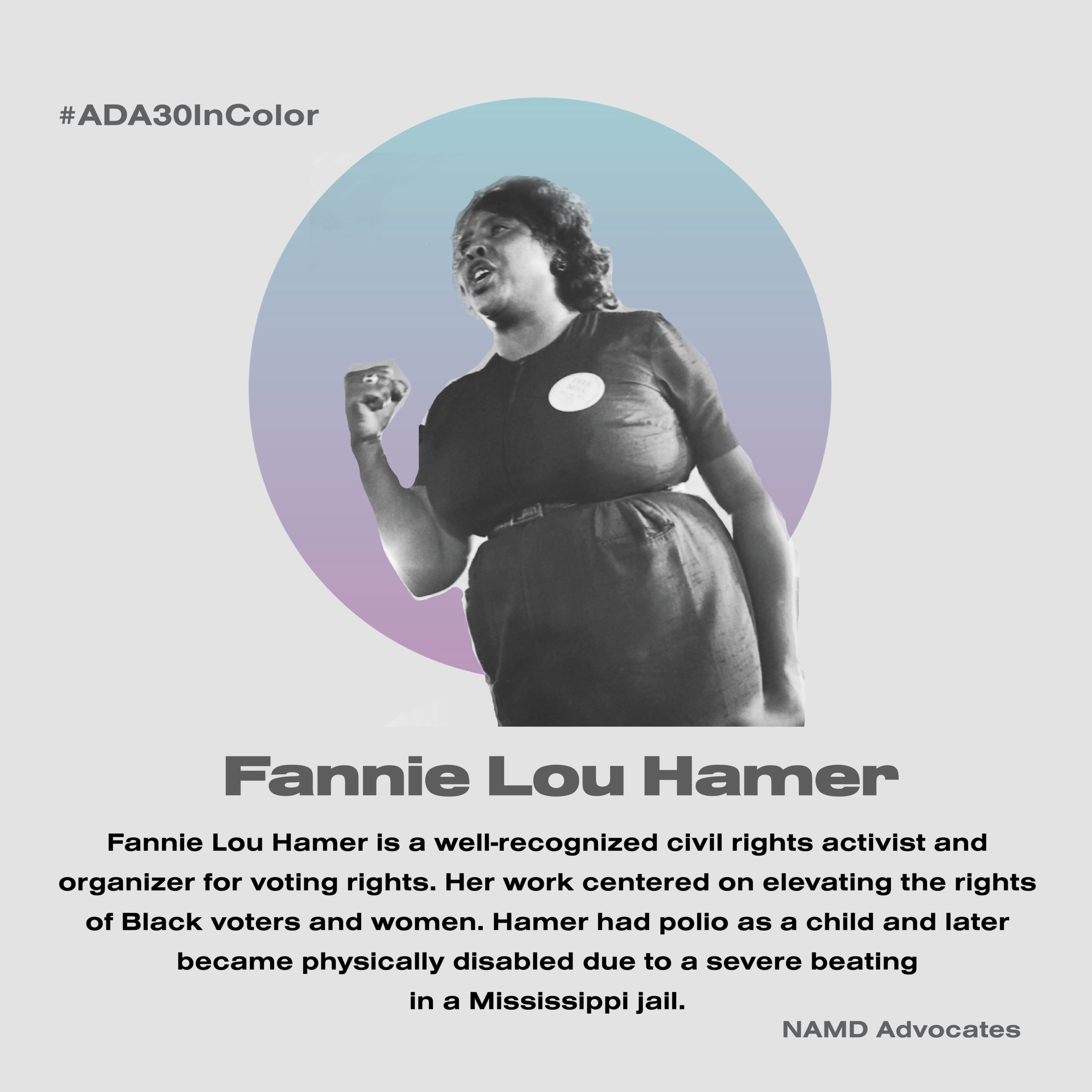 Fannie Lou Hamer is a well-recognized civil rights activists and organizer for voting rights. Her work centered on elevating the rights of Black voters and women. Hamer had polio as a child and later became physically disabled due to a severe beating in a Mississippi jail.