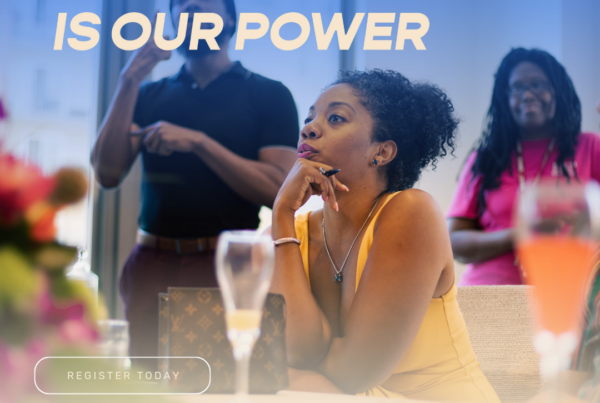 A blue flower with a group of people engaging in discussion over brunch. The flyer says Our Presence is Our Power, a dynamic two-day event that will empower disabled leaders of color and BIPOC allies to drive meaningful change.